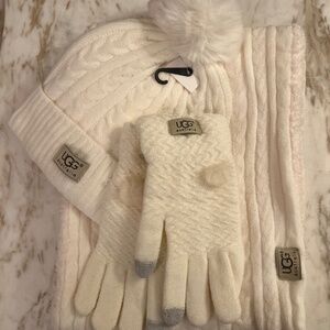 - UGG Winter White pom pom hat infinity scarf & glove set NWT